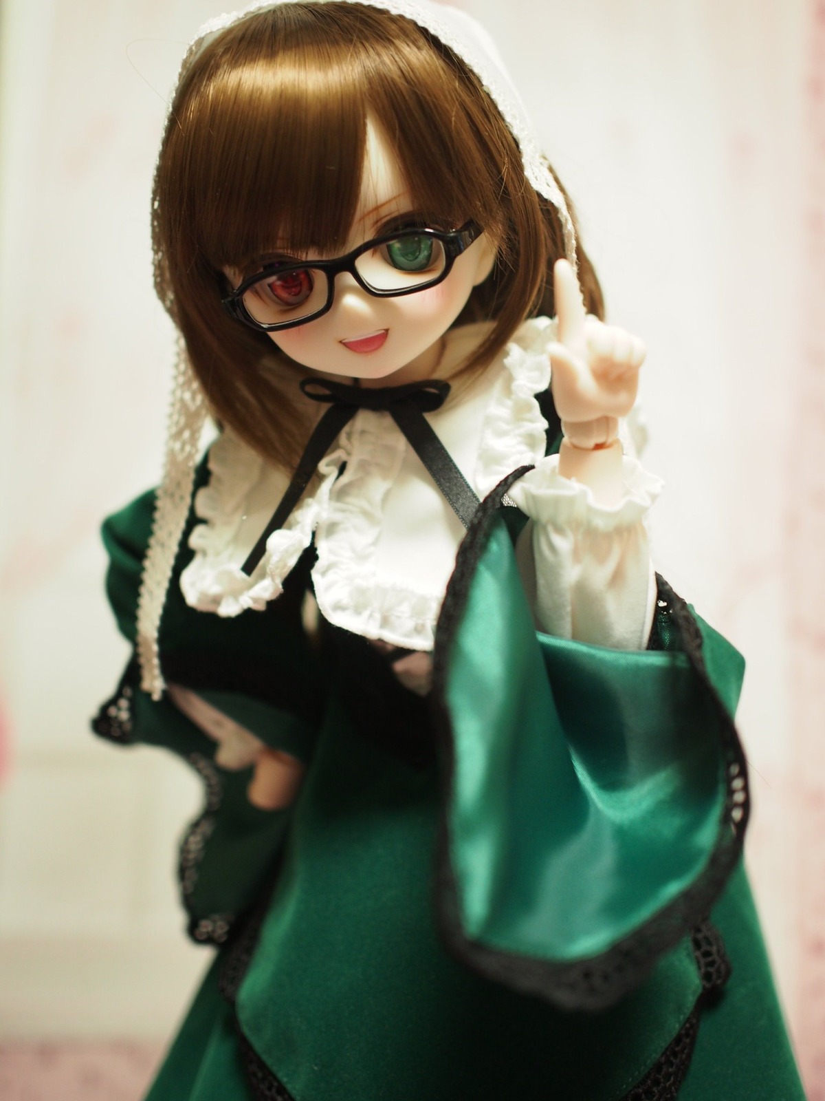 1girl :d bangs blunt_bangs brown_hair doll glasses long_hair long_sleeves looking_at_viewer open_mouth smile solo suiseiseki