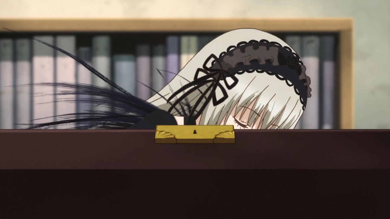 1girl bangs black_hairband blurry blurry_background blush closed_eyes depth_of_field eyebrows_visible_through_hair hairband image long_hair ribbon silver_hair solo suigintou very_long_hair