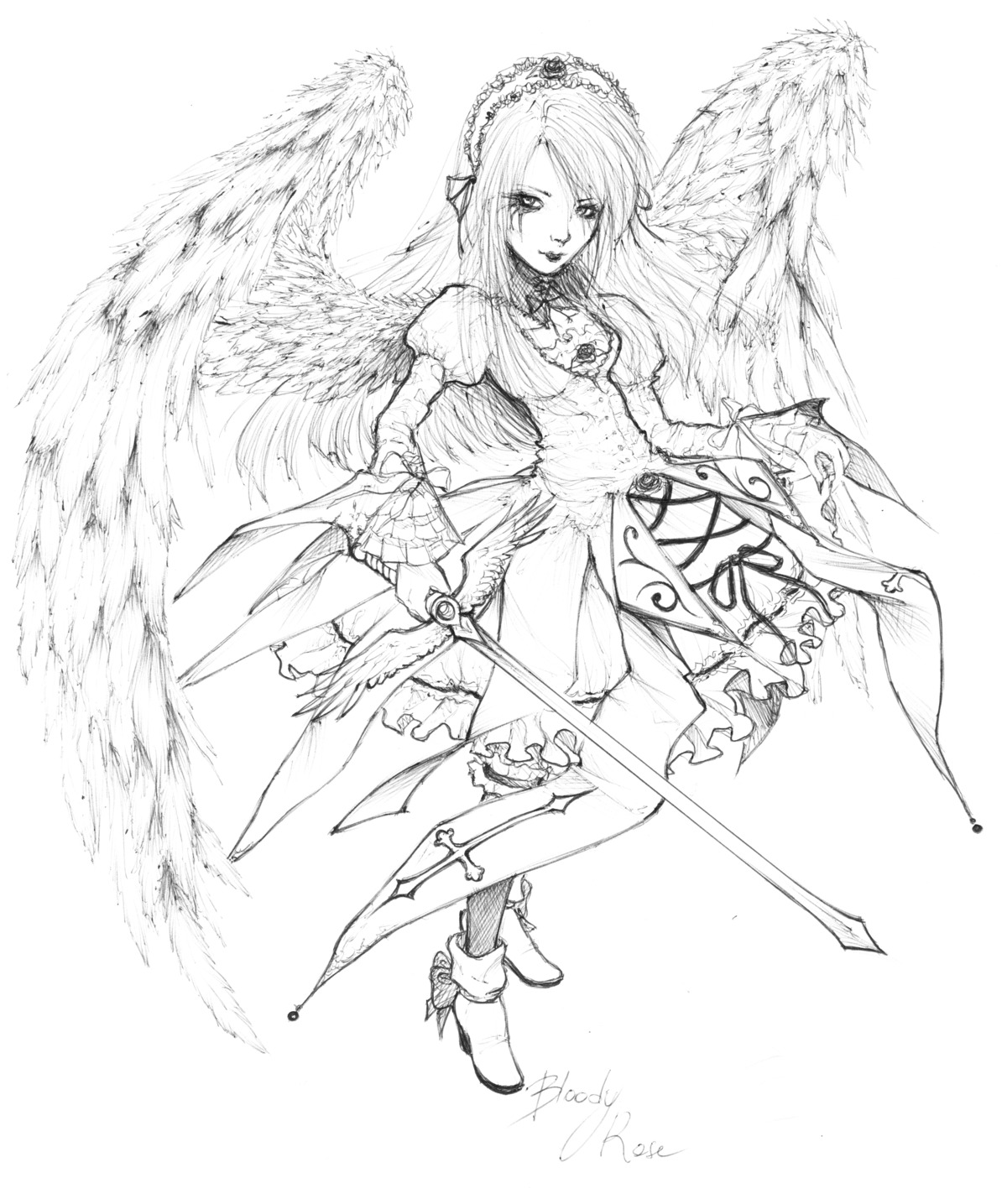 1girl angel_wings dated dress feathered_wings frills full_body greyscale high_heels holding holding_weapon image long_hair long_sleeves looking_at_viewer monochrome signature solo standing suigintou sword thighhighs weapon wings