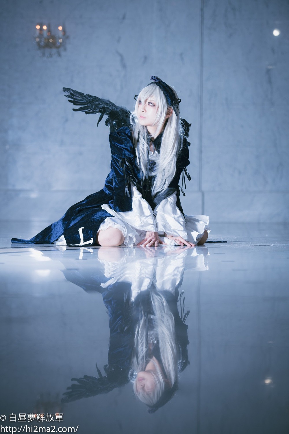 2girls bird black_wings crow dress feathers long_hair long_sleeves multiple_girls ribbon sad silver_hair sitting solo suigintou weapon wings