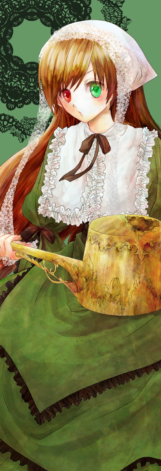 1girl auto_tagged brown_hair dress frills green_dress green_eyes heterochromia image long_hair long_sleeves looking_at_viewer red_eyes simple_background solo suiseiseki very_long_hair watering_can