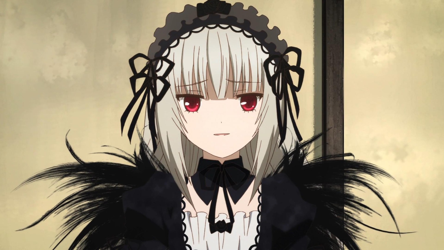 1girl auto_tagged bangs black_ribbon closed_mouth detached_collar dress eyebrows_visible_through_hair hairband image long_hair long_sleeves looking_at_viewer red_eyes ribbon silver_hair solo suigintou upper_body wings