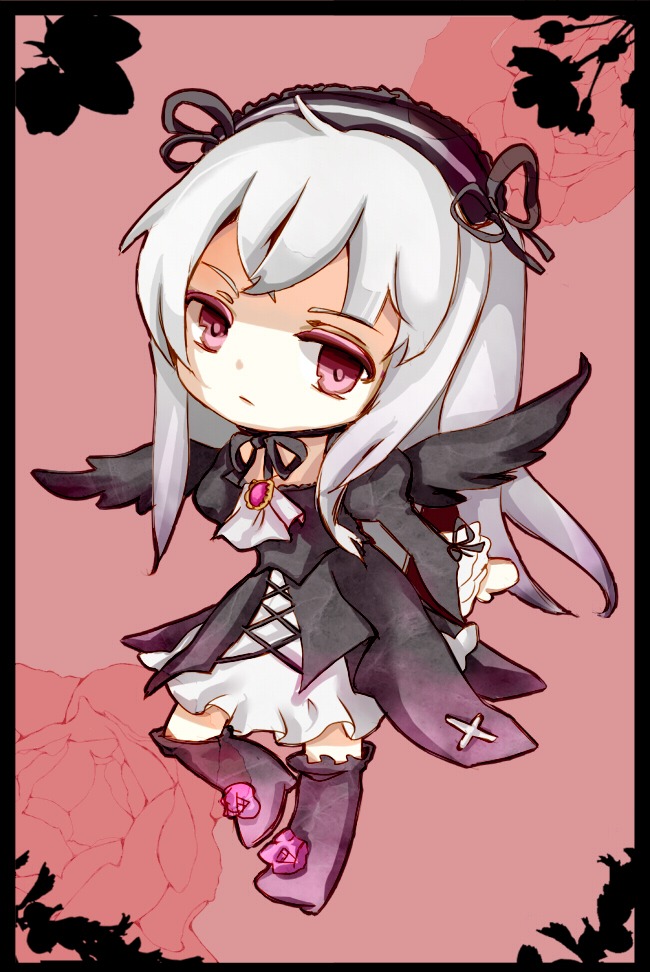 1girl bug butterfly chibi dress flower frills hairband image insect letterboxed long_hair rose silver_hair solo suigintou wings