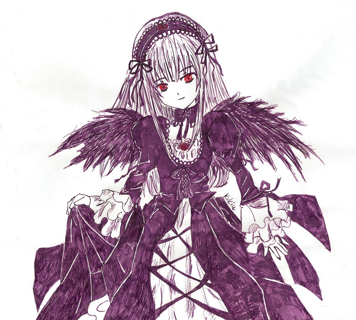 1girl black_wings cross-laced_clothes detached_collar dress frilled_sleeves frills hairband image juliet_sleeves long_hair long_sleeves looking_at_viewer puffy_sleeves red_eyes ribbon simple_background solo suigintou traditional_media white_background wings