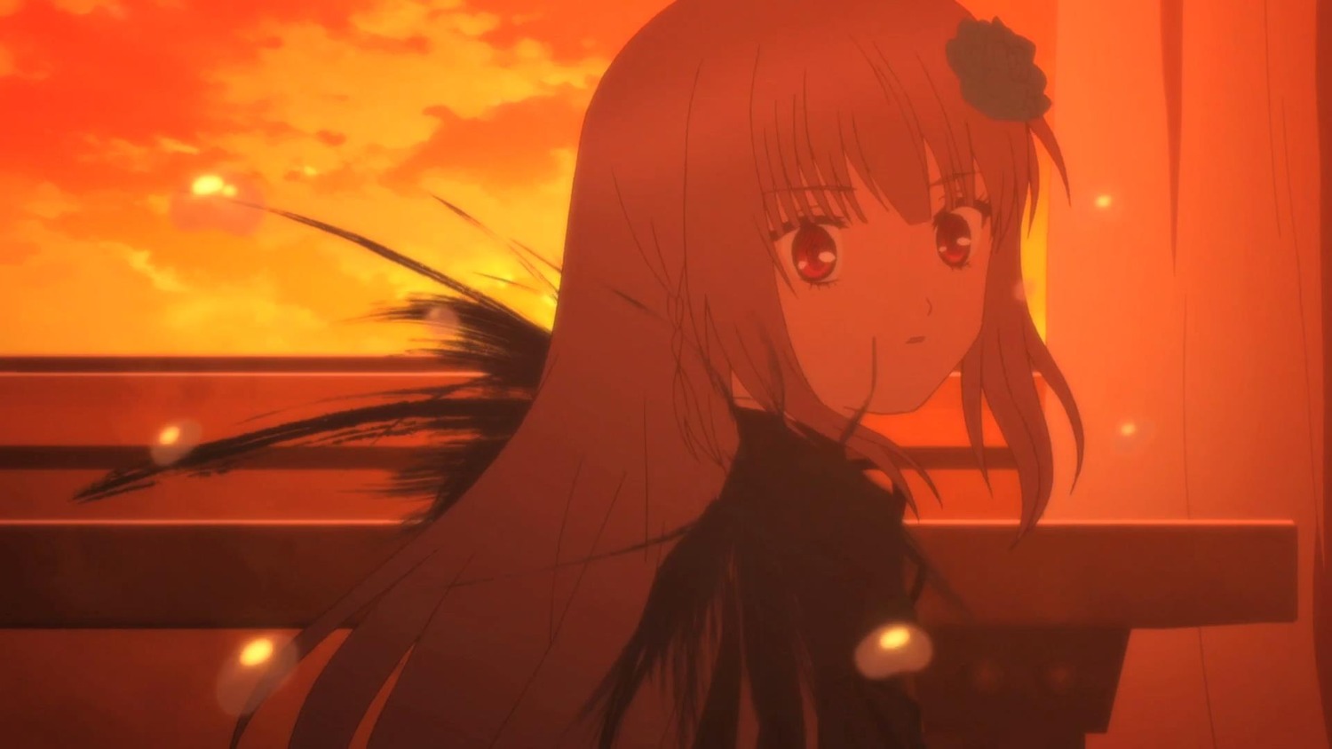 1girl bangs closed_mouth cloud eyebrows_visible_through_hair flower hair_flower hair_ornament image long_hair looking_at_viewer red_eyes sky smile solo suigintou sunset upper_body