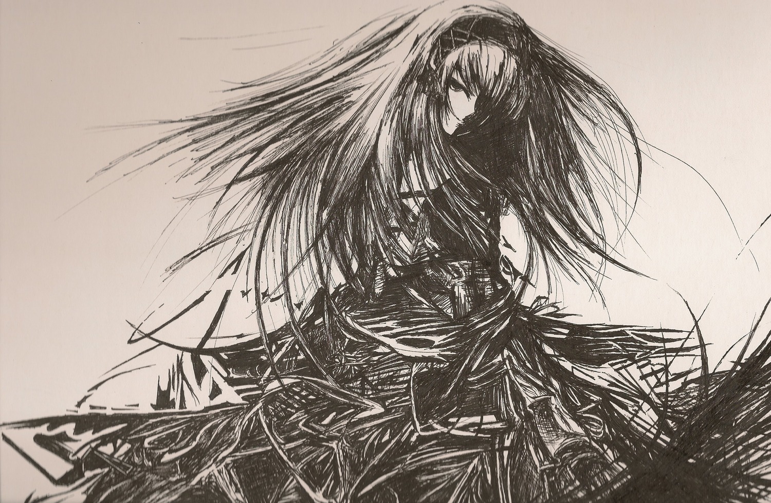 1girl akemi_homura black_hair flower graphite_(medium) greyscale hairband image kaname_madoka long_hair looking_at_viewer magical_girl monochrome simple_background solo spider_lily suigintou traditional_media very_long_hair weapon