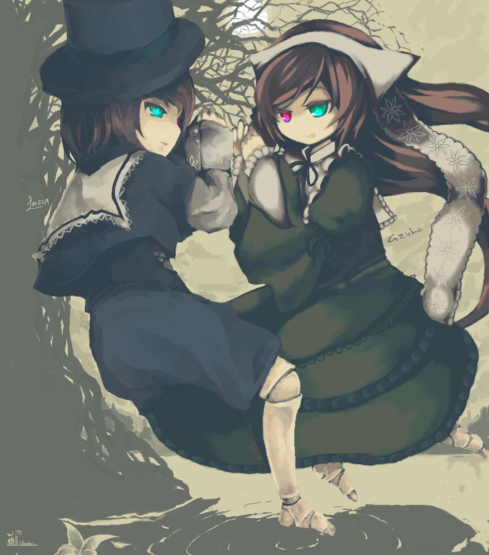 2girls aqua_eyes azuma_seiji bad_id bad_pixiv_id barefoot blue_eyes brown_hair doll_joints dress frills green_eyes hat heterochromia image joints long_hair long_sleeves looking_at_viewer multiple_girls pair red_eyes rozen_maiden short_hair siblings sisters smile smirk souseiseki suiseiseki twins