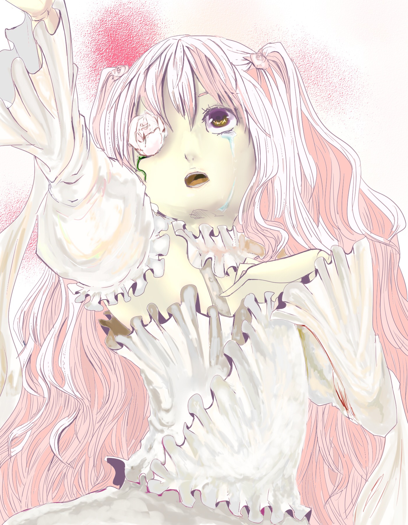 1girl dress frills hatsune_miku image kirakishou long_hair open_mouth pink_hair solo tears very_long_hair white_dress