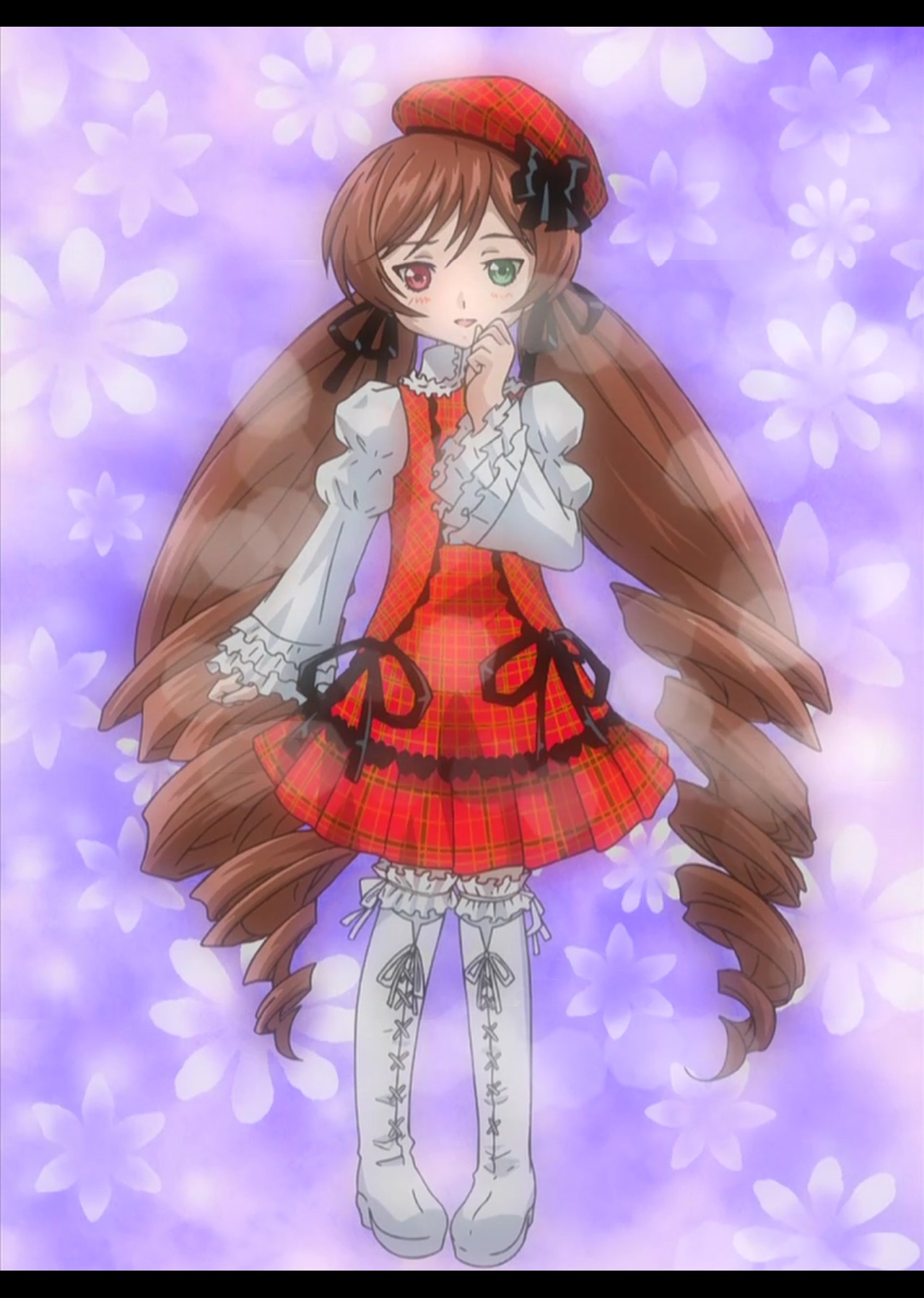 1girl boots brown_hair dress drill_hair floral_background full_body green_eyes hat heterochromia image long_hair long_sleeves looking_at_viewer red_eyes solo suiseiseki twin_drills twintails very_long_hair white_footwear