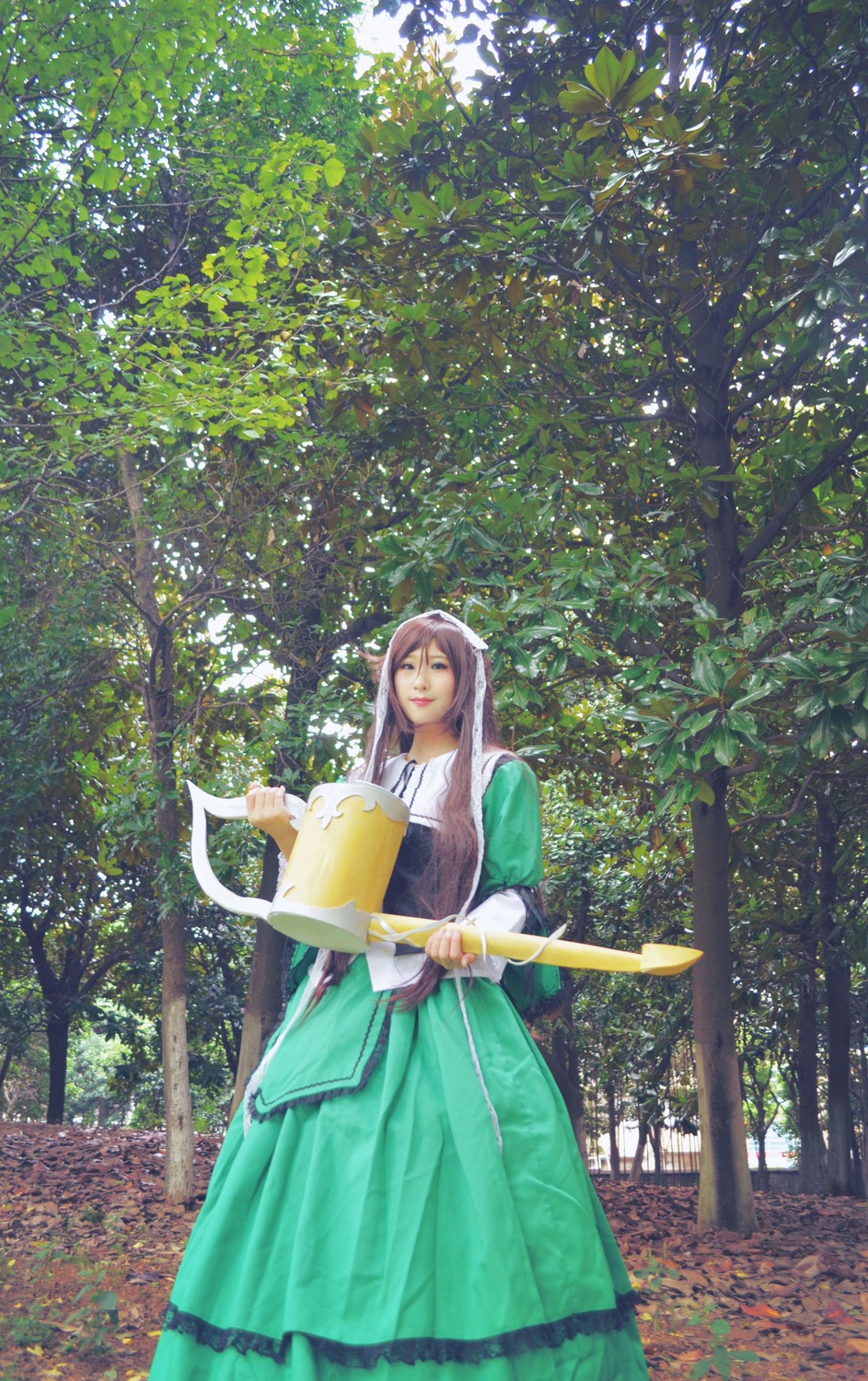 1girl dress flower holding long_hair long_sleeves purple_hair solo standing suiseiseki tree very_long_hair