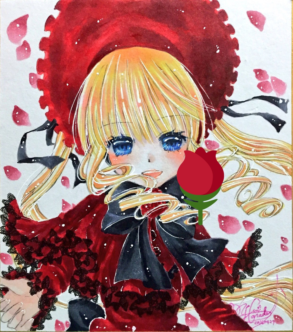 1girl apple artist_name bangs black_ribbon blonde_hair blue_eyes blush bow capelet drill_hair eyebrows_visible_through_hair food frills fruit hair_ribbon image long_hair long_sleeves looking_at_viewer marker_(medium) millipen_(medium) open_mouth petals red_capelet rose_petals sample shikishi shinku smile solo traditional_media twin_drills watercolor_(medium)