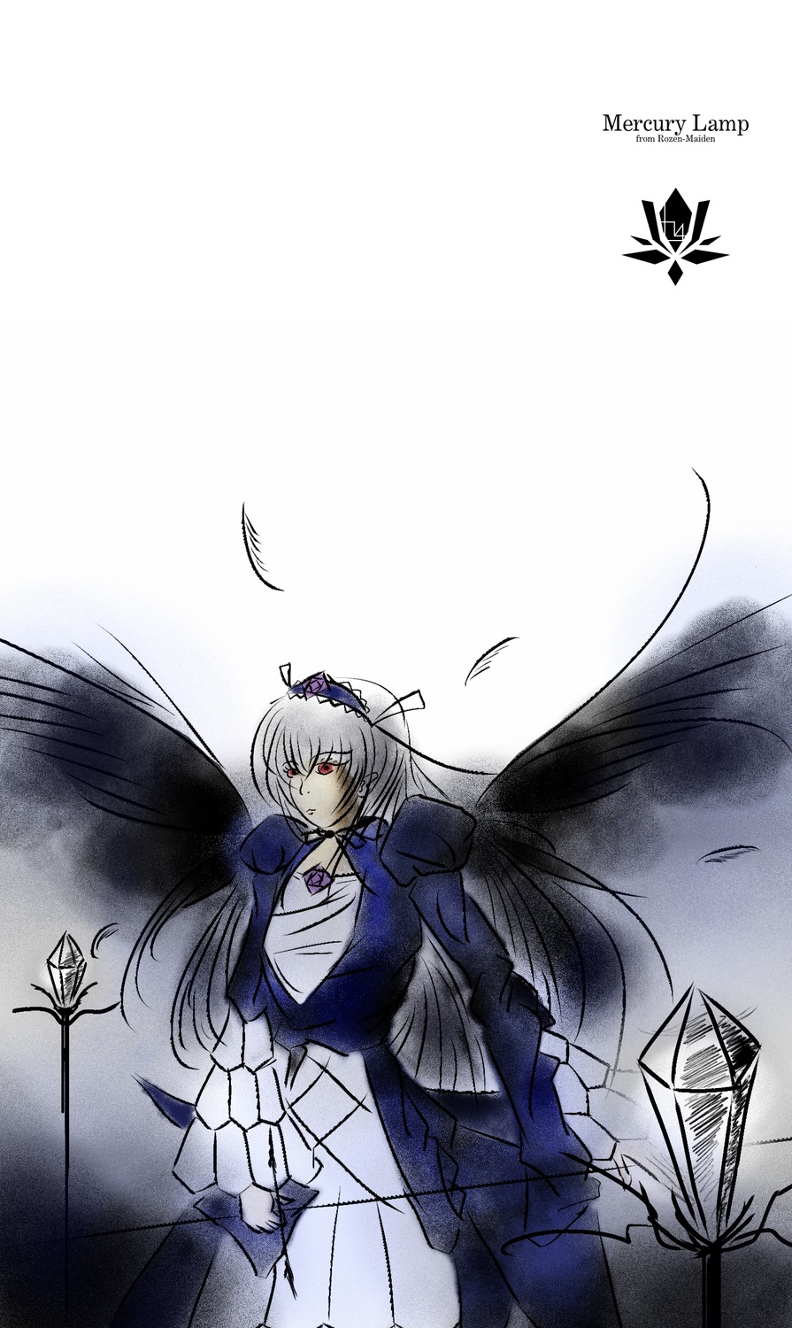 1girl black_wings dress feathers flower frills hairband image juliet_sleeves long_hair long_sleeves looking_at_viewer puffy_sleeves red_eyes rose solo suigintou wings