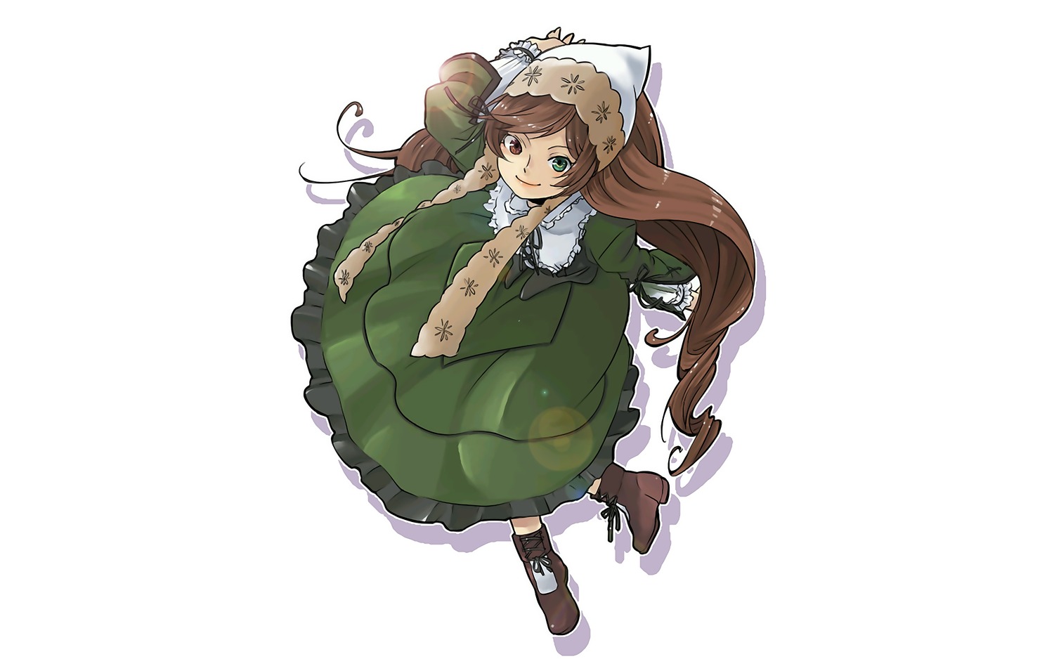 1girl boots brown_hair dress frills full_body green_dress green_eyes heterochromia image long_hair long_sleeves looking_at_viewer red_eyes smile solo suiseiseki twintails very_long_hair white_background