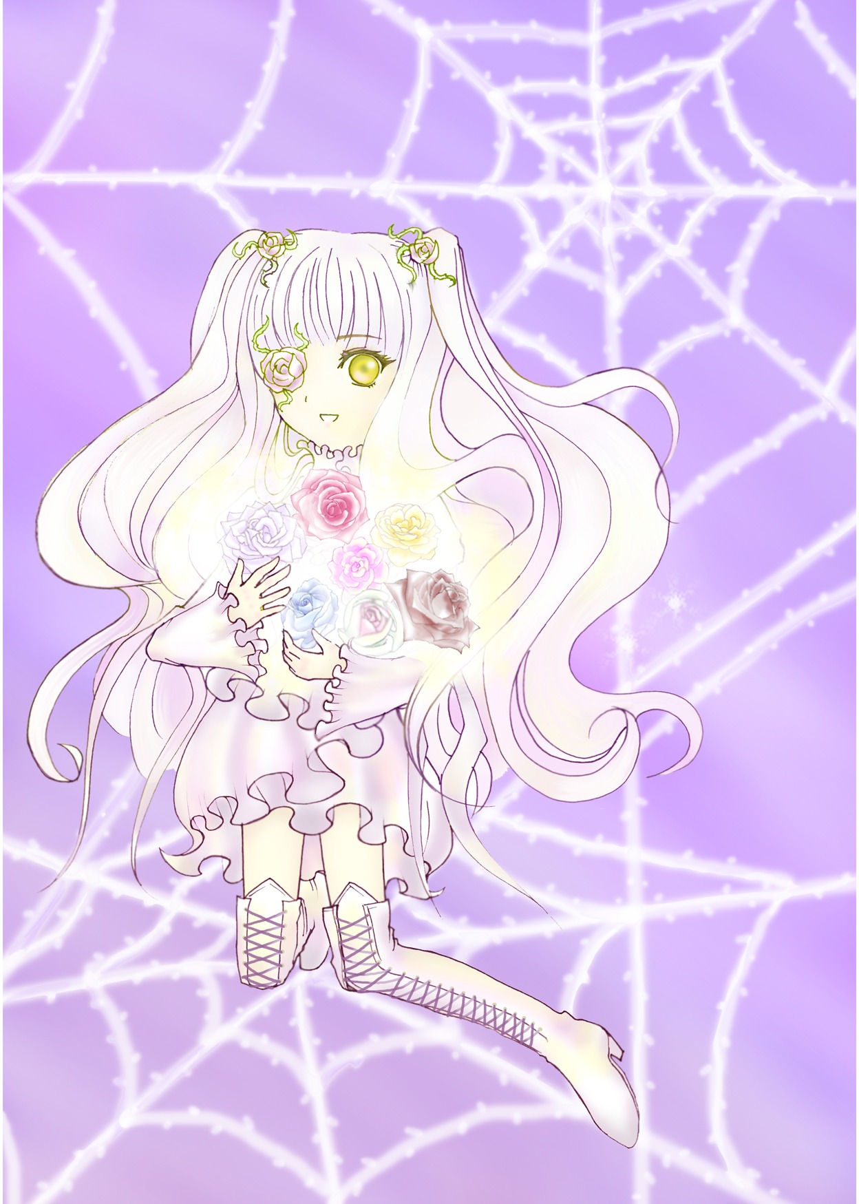 1girl boots cross-laced_footwear dress eyepatch flower full_body image kirakishou knee_boots long_hair long_sleeves purple_background rose solo standing thigh_boots thighhighs very_long_hair white_footwear white_hair yellow_eyes