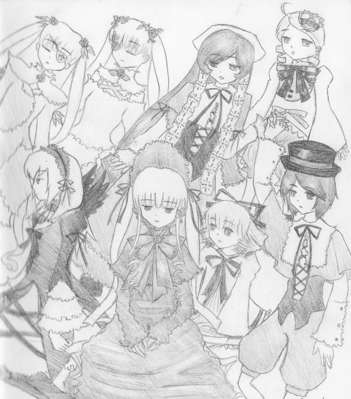 6+girls blush bow dress flower frills hat hina_ichigo image long_hair long_sleeves looking_at_viewer monochrome multiple multiple_girls shinku siblings sisters souseiseki standing suigintou suiseiseki tagme top_hat twintails very_long_hair