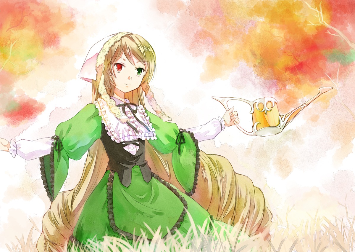 1girl blonde_hair commentary_request dress fire green_dress green_eyes head_scarf heterochromia holding image light_smile long_hair long_sleeves nonaka_yuu red_eyes rozen_maiden smile solo suiseiseki very_long_hair watering_can