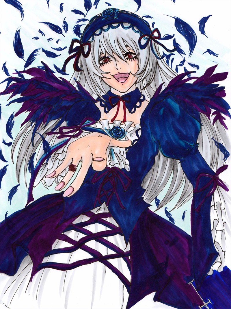 1girl black_wings dress feathers flower frills hairband image long_hair long_sleeves looking_at_viewer open_mouth red_eyes silver_hair smile solo suigintou traditional_media wings