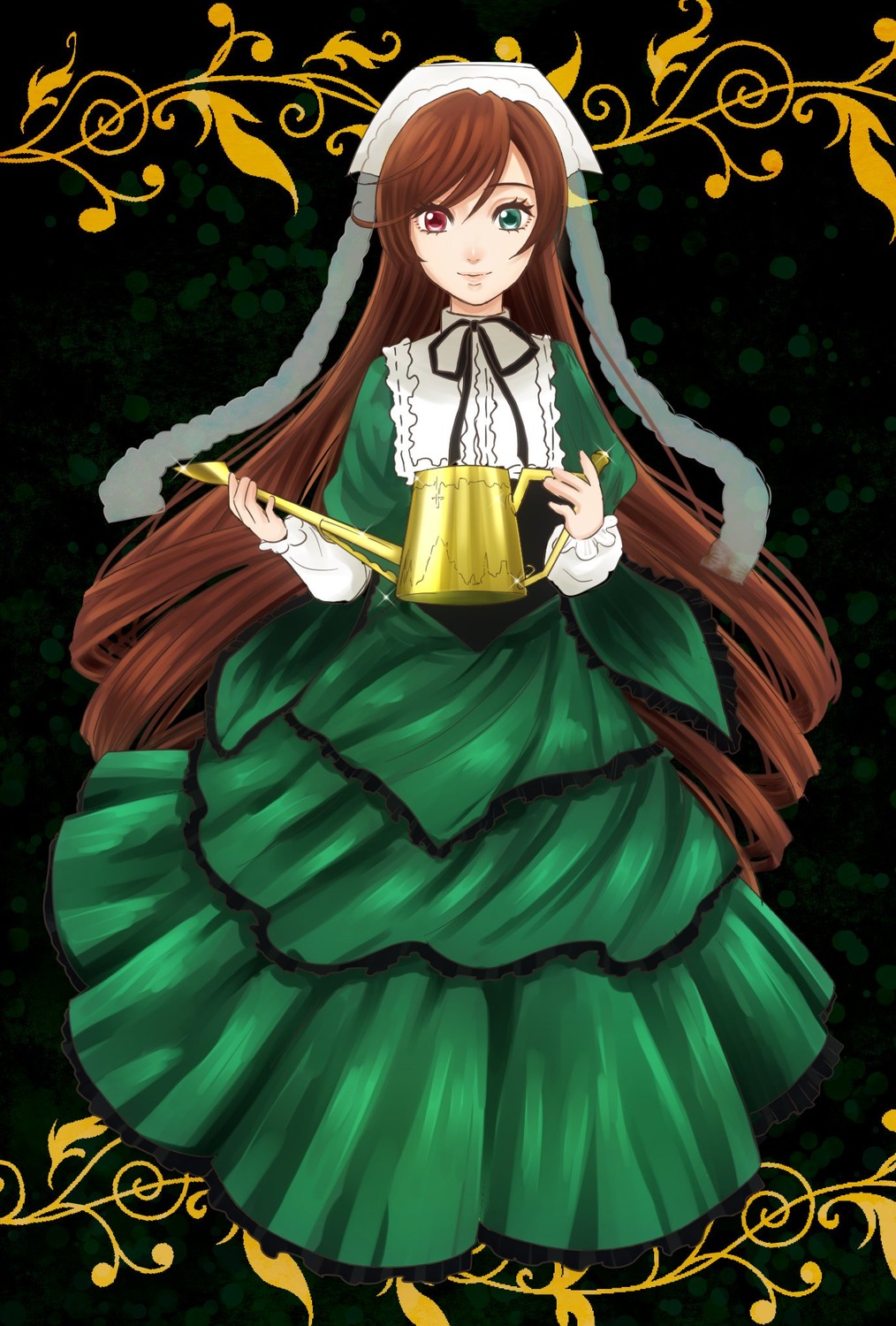 1girl brown_hair dress drill_hair frills full_body green_dress green_eyes hairband heterochromia image long_hair long_sleeves looking_at_viewer red_eyes ribbon smile solo suiseiseki twin_drills very_long_hair watering_can