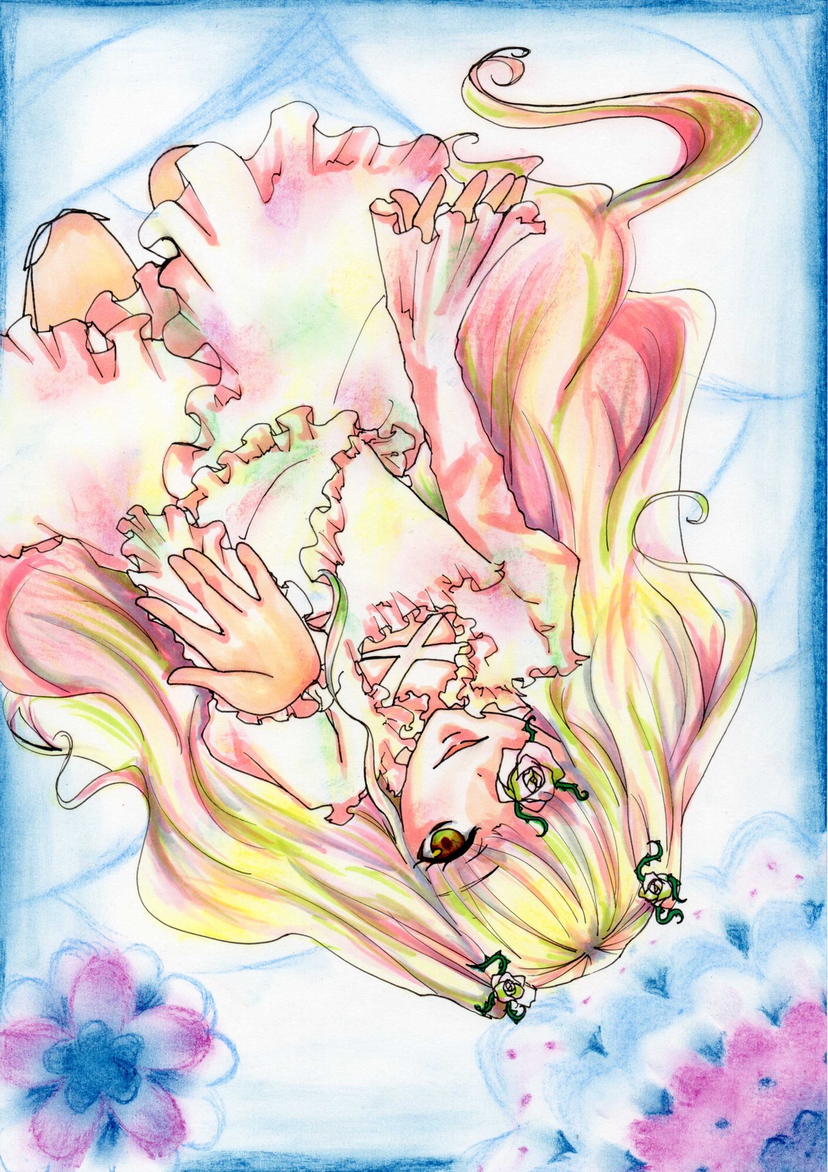 1girl blonde_hair dress eyepatch flower frills hair_ornament image kirakishou lolita_fashion long_hair marker_(medium) smile solo traditional_media twintails very_long_hair watercolor_(medium)