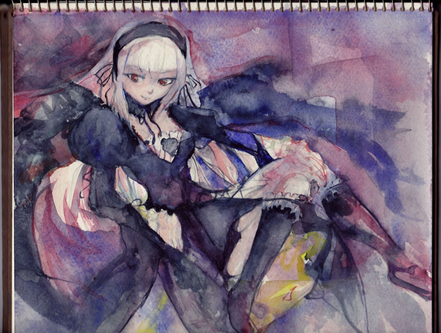 1girl black_dress dress image long_sleeves looking_at_viewer red_eyes sitting solo suigintou traditional_media white_hair wings