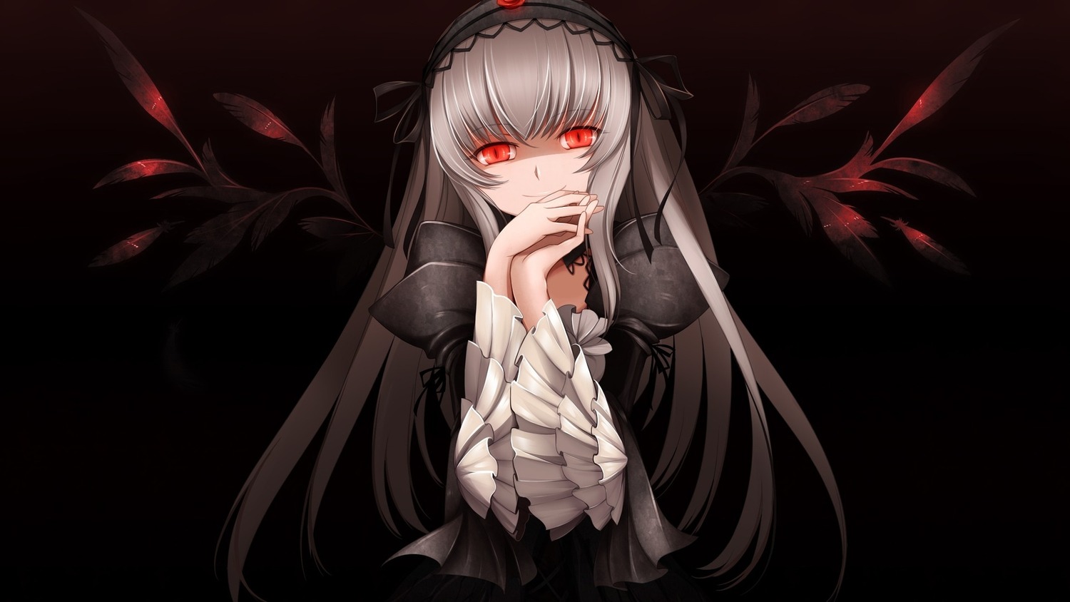 1girl black_dress black_ribbon dress frilled_sleeves frills hairband image long_hair long_sleeves looking_at_viewer red_eyes ribbon smile solo suigintou very_long_hair wings