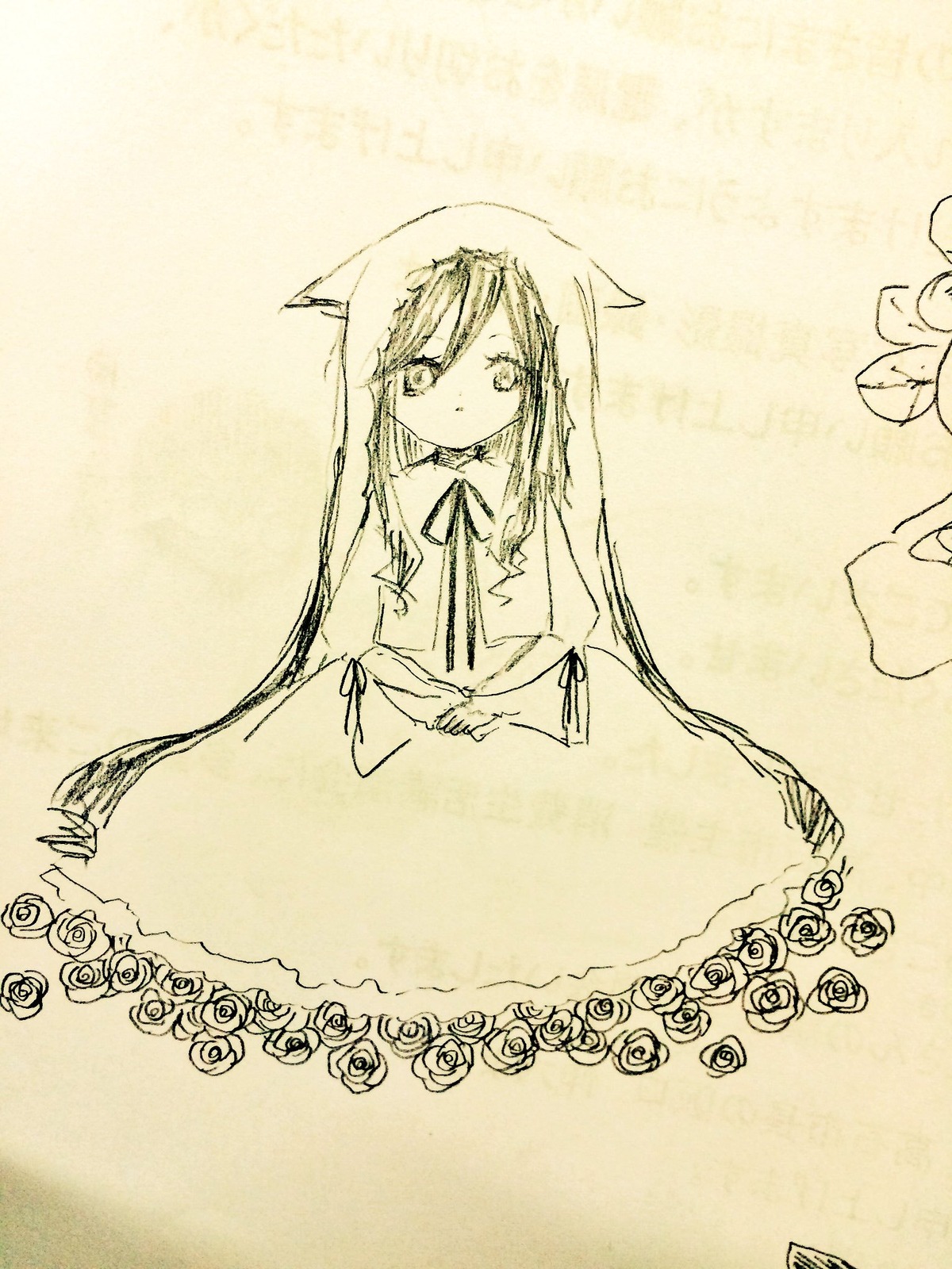 1girl animal_ears closed_mouth dress flower image long_hair long_sleeves looking_at_viewer monochrome ribbon rose sepia solo suiseiseki very_long_hair