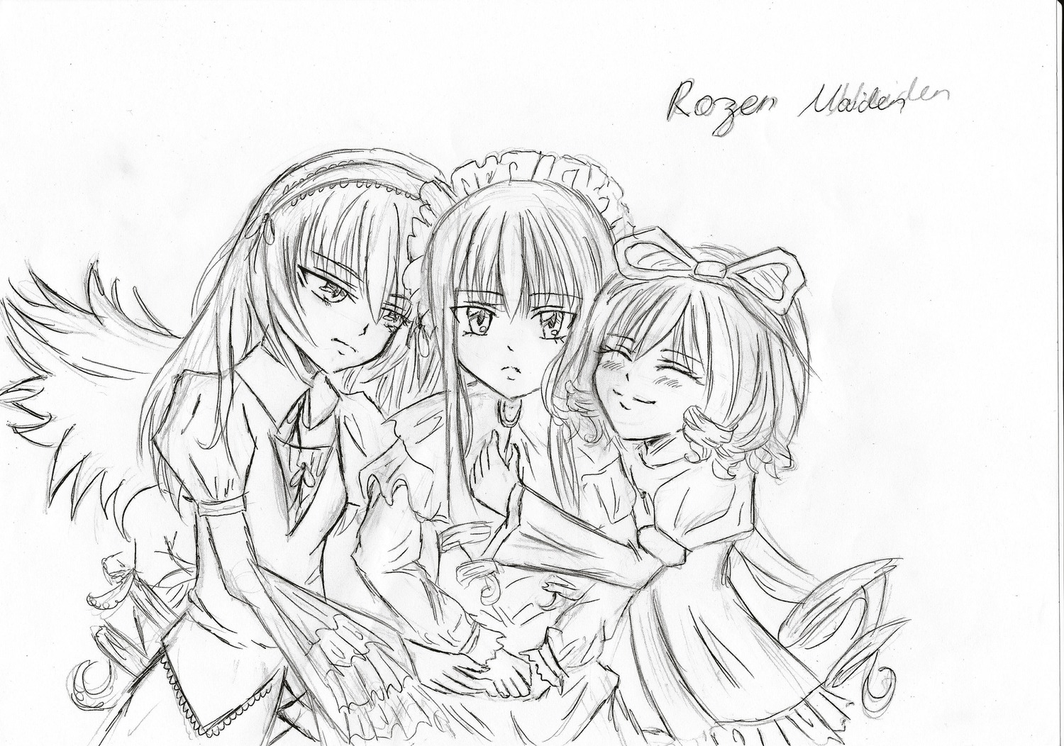 3girls dress drill_hair frills greyscale hina_ichigo image long_hair long_sleeves looking_at_viewer monochrome multiple multiple_girls shinku smile suigintou tagme