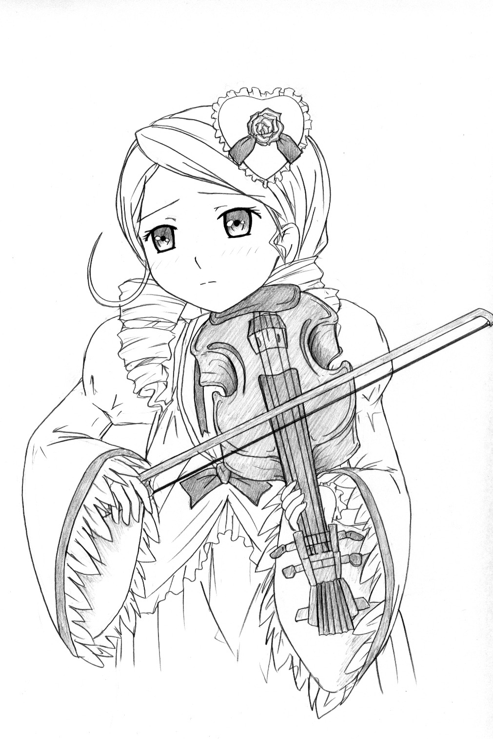 1girl blush bow bow_(instrument) dress drill_hair electric_guitar greyscale guitar hat holding_instrument image instrument kanaria long_hair long_sleeves mini_hat monochrome music playing_instrument plectrum rose solo twin_drills violin
