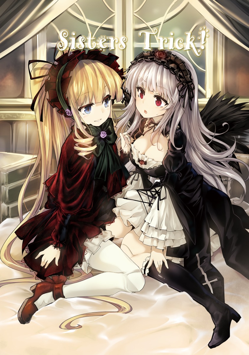 2girls black_footwear blonde_hair blue_eyes bonnet boots breasts cleavage commentary_request cover cover_page doll_joints doujin_cover dress drill_hair english_text feathered_wings flower frills gothic_lolita hairband highres image joints knee_boots lolita_fashion lolita_hairband long_hair long_sleeves mary_janes medium_breasts multiple_girls pair pantyhose red_eyes rose rozen_maiden shinku shoes silver_hair sitting suigintou thighhighs tousen very_long_hair wariza white_legwear wings