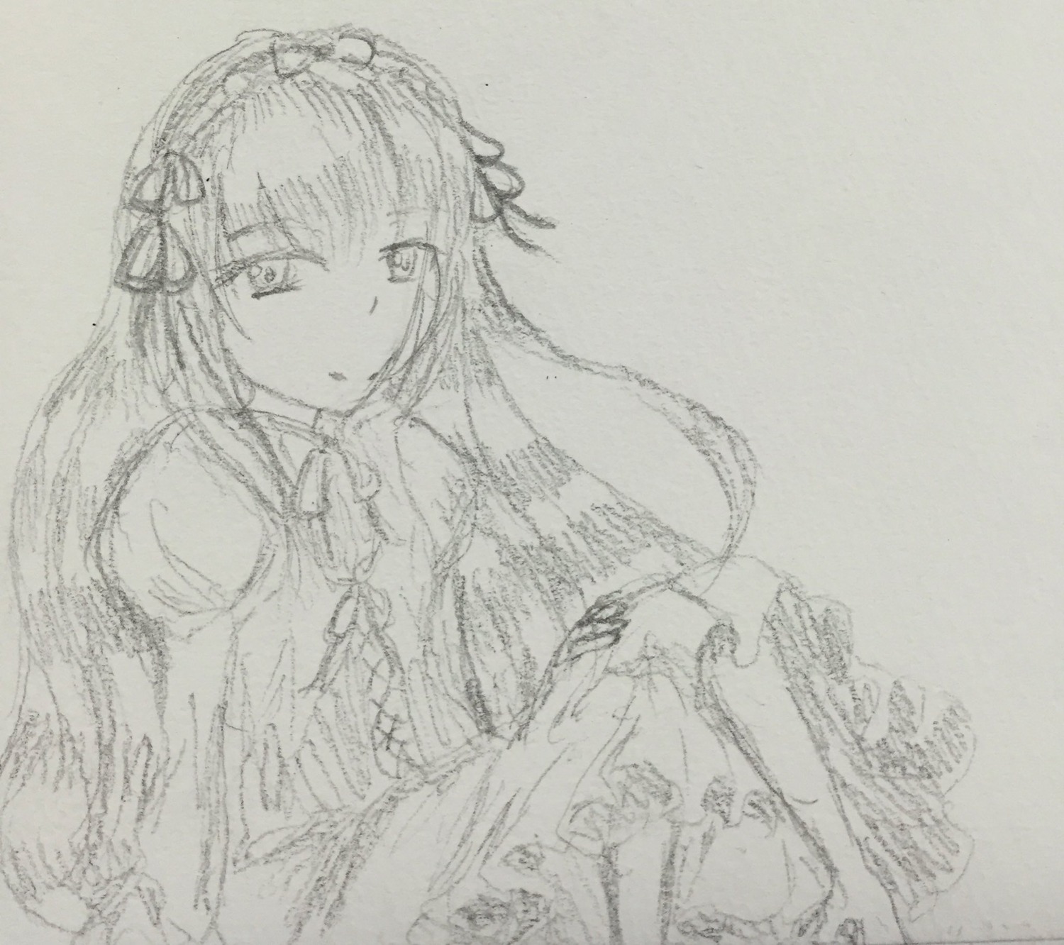 1girl bare_shoulders hairband image long_hair long_sleeves looking_at_viewer monochrome ribbon simple_background sketch solo suigintou traditional_media upper_body wings