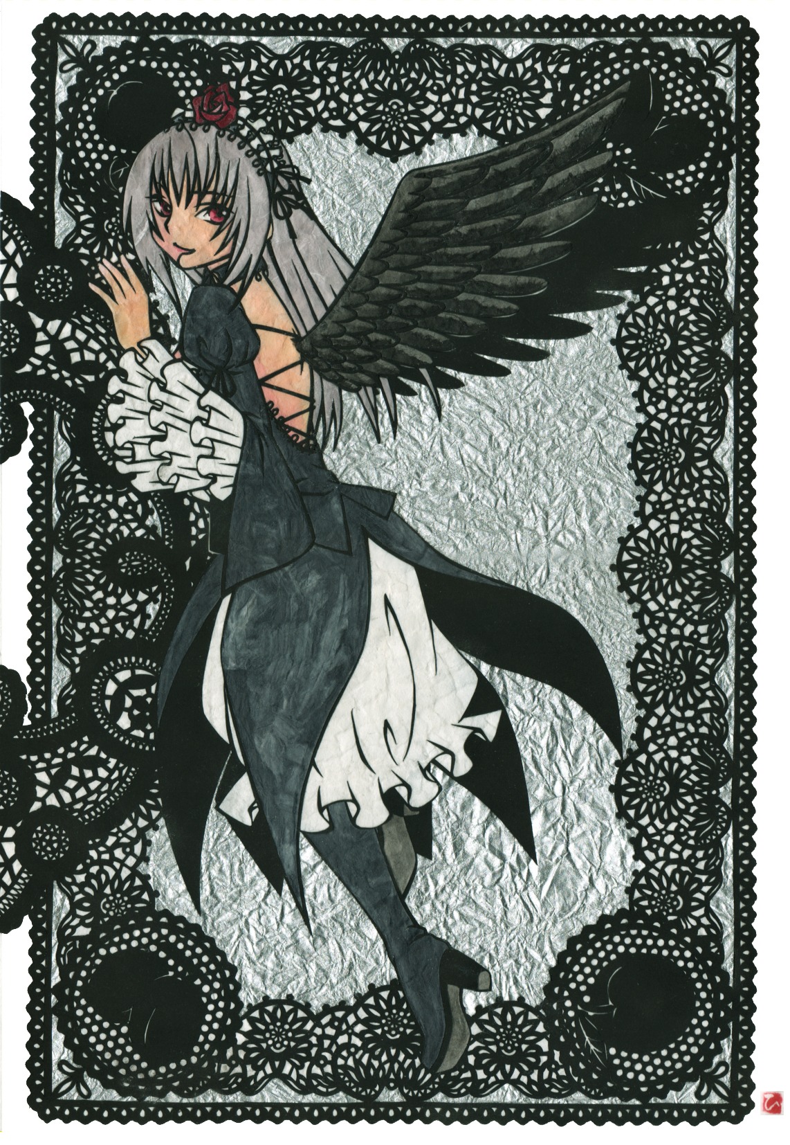 1girl black_wings boots dress flower frills high_heels image long_hair long_sleeves looking_at_viewer looking_back red_eyes silver_hair solo suigintou wings