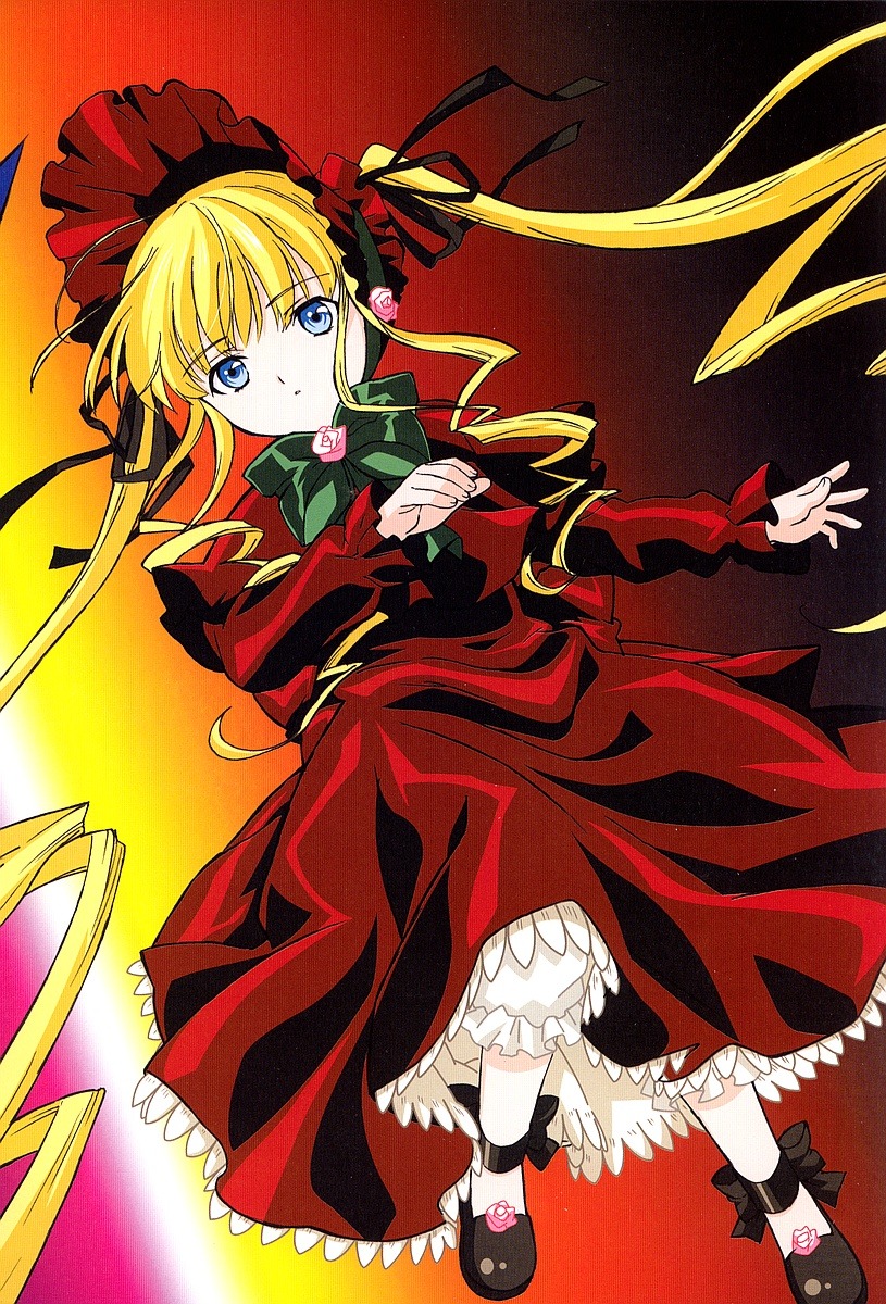 1girl black_footwear blonde_hair bloomers blue_eyes bonnet bow bowtie dress flower full_body green_bow image long_hair long_sleeves looking_at_viewer red_dress ribbon rose shinku shoes solo standing twintails underwear