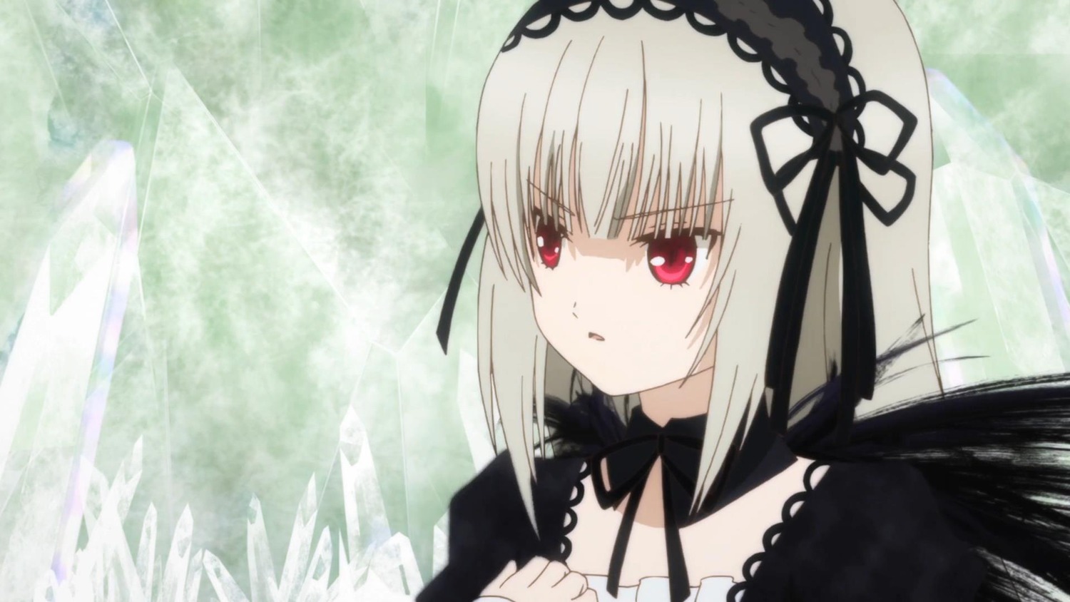 1girl bangs black_ribbon black_wings detached_collar dress eyebrows_visible_through_hair hairband image long_hair long_sleeves outdoors puffy_sleeves red_eyes ribbon silver_hair solo suigintou upper_body wings