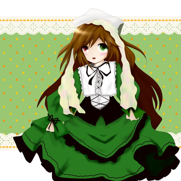 1girl brown_hair dress frills green_dress green_eyes halftone halftone_background head_scarf heterochromia image long_hair long_sleeves looking_at_viewer open_mouth polka_dot polka_dot_background red_eyes simple_background solo suiseiseki very_long_hair