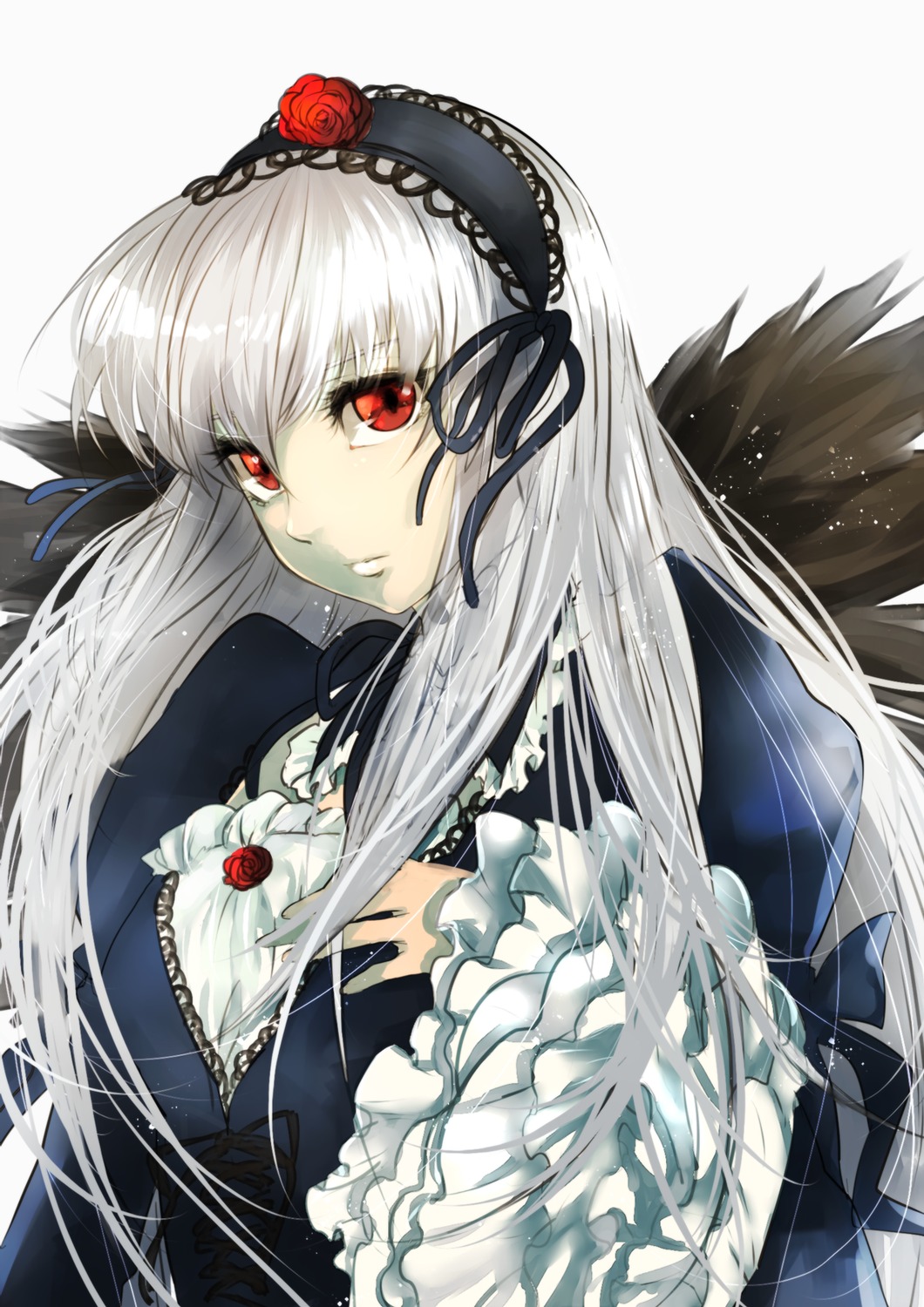 1girl black_wings dress feathers flower frilled_sleeves frills hairband image long_hair long_sleeves looking_at_viewer red_eyes red_flower red_rose ribbon rose silver_hair solo suigintou upper_body wings