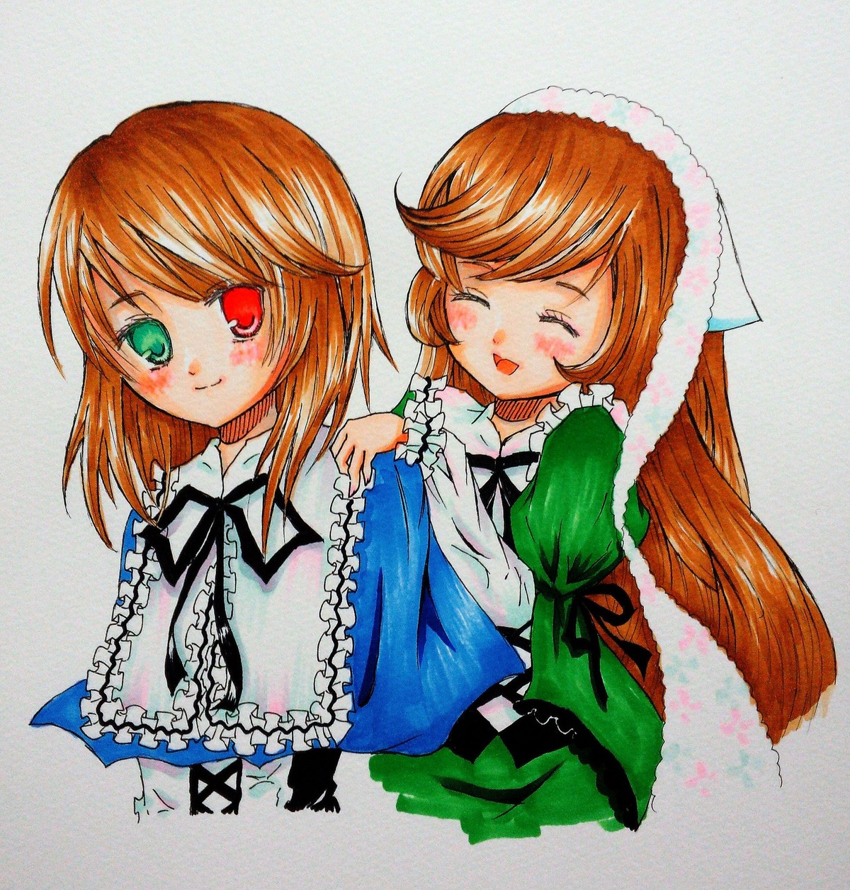 2girls :d ^_^ blush brown_hair closed_eyes dress frills head_scarf heterochromia image long_hair long_sleeves marker_(medium) multiple_girls open_mouth pair pastel_(medium) red_eyes short_hair siblings simple_background sisters smile souseiseki suiseiseki traditional_media twins watercolor_(medium)