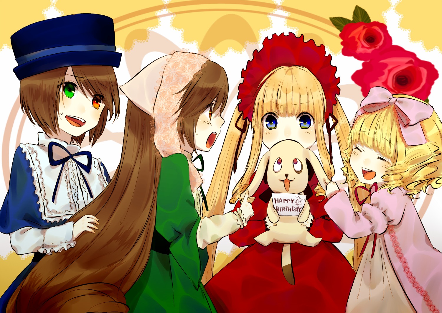 blonde_hair blue_eyes bonnet bow brown_hair closed_eyes dress flower green_dress hat head_scarf heterochromia hina_ichigo image long_hair long_sleeves multiple multiple_girls open_mouth pink_bow red_eyes shinku short_hair siblings sisters smile souseiseki suiseiseki tagme top_hat twins very_long_hair