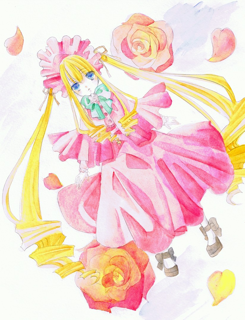 1girl blonde_hair blue_eyes bonnet bow dress drill_hair flower full_body heart image long_hair long_sleeves looking_at_viewer pink_dress pink_flower pink_rose red_flower red_rose rose shinku solo standing traditional_media very_long_hair watercolor_(medium) yellow_rose