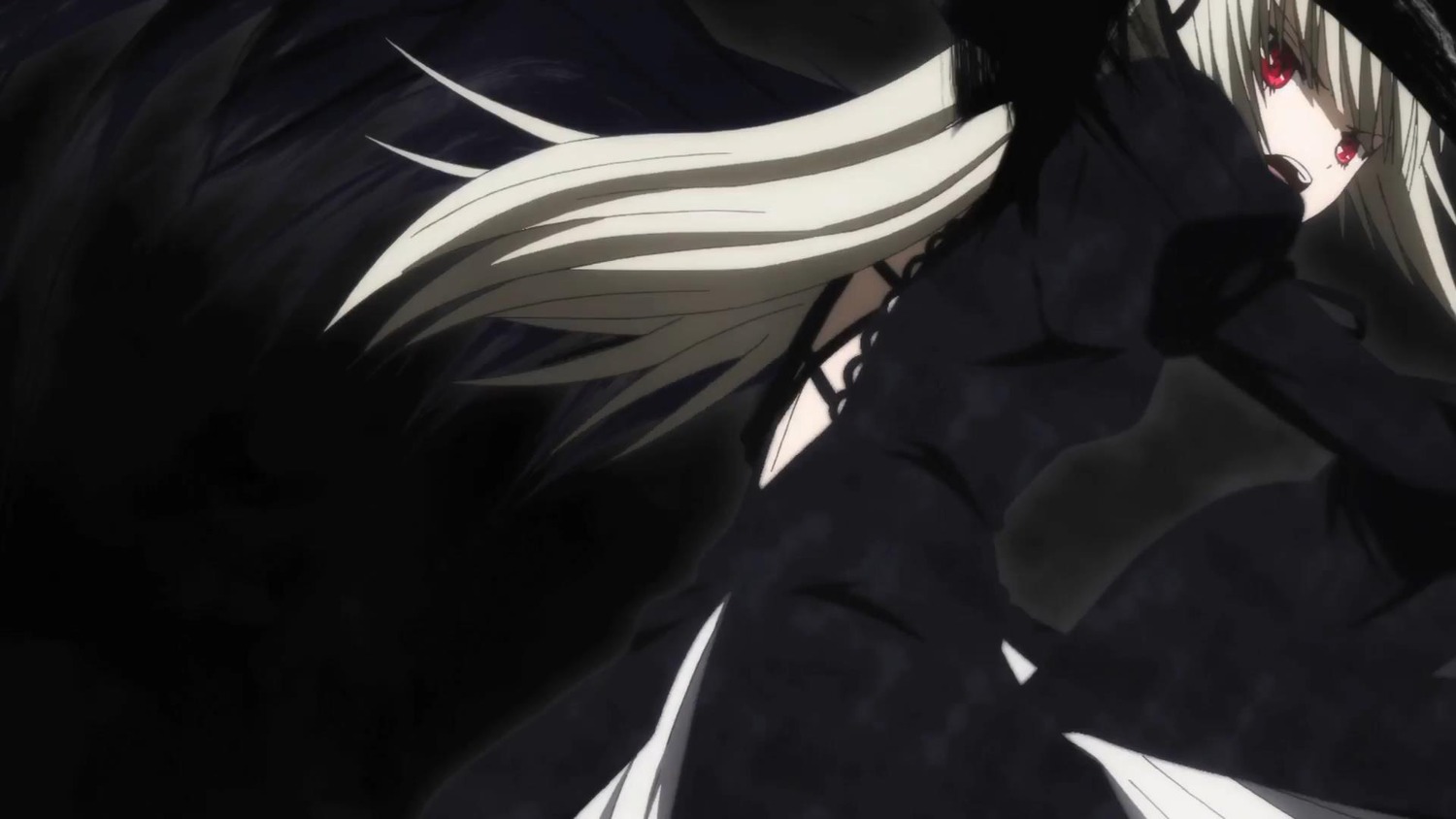1girl black_dress dress dutch_angle image long_hair long_sleeves looking_at_viewer looking_back red_eyes solo suigintou very_long_hair weapon white_hair