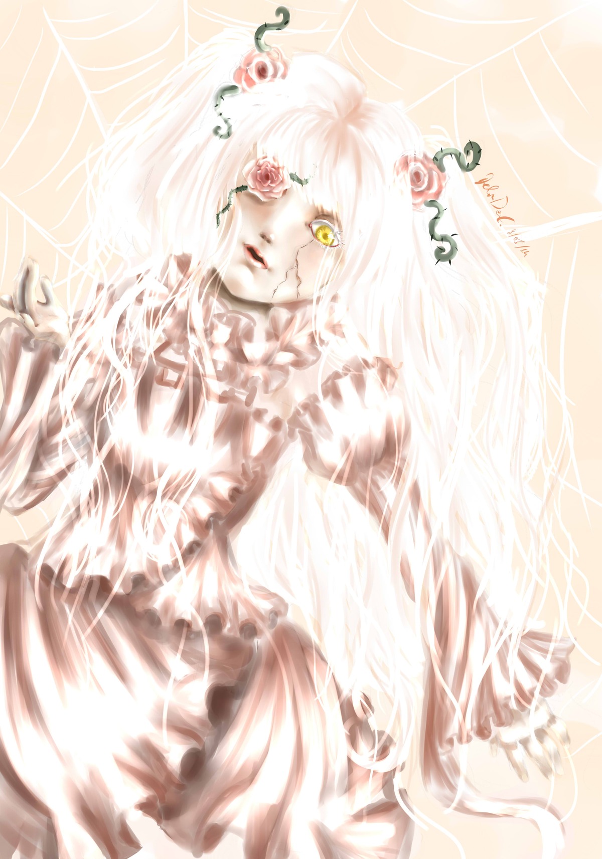 1girl dress flower frills hair_ornament image kirakishou long_hair pale_skin rose solo white_hair yellow_eyes