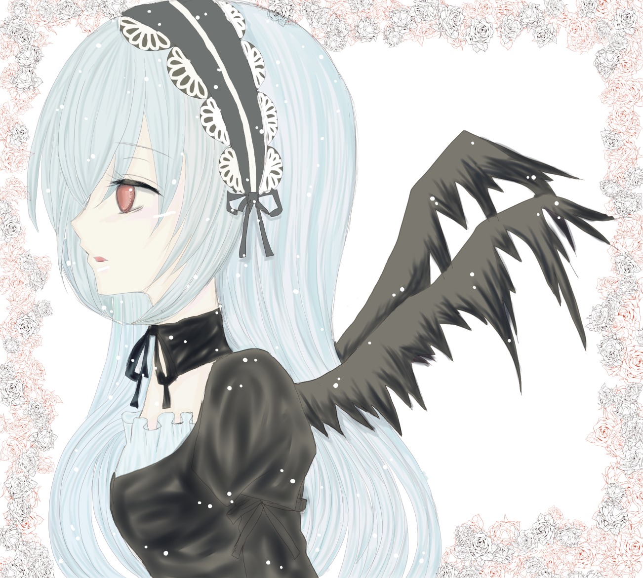 1girl black_dress black_ribbon black_wings choker dress feathered_wings feathers frills from_side hairband image juliet_sleeves lace long_hair long_sleeves neck_ribbon profile puffy_sleeves red_eyes ribbon silver_hair solo suigintou tears upper_body wings