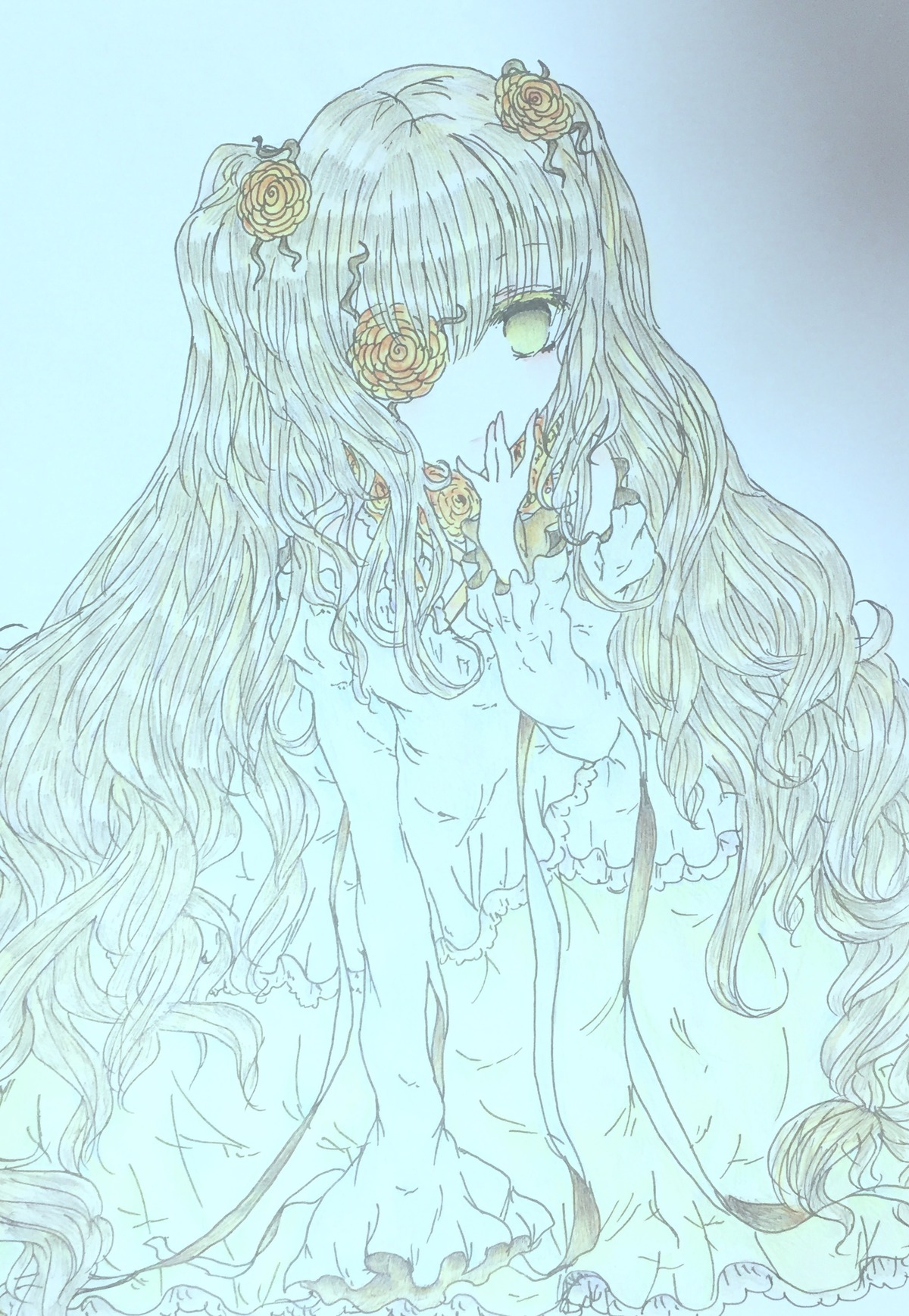 1girl blush dress flower hair_ornament image kirakishou long_hair monochrome no_nose solo very_long_hair wavy_hair