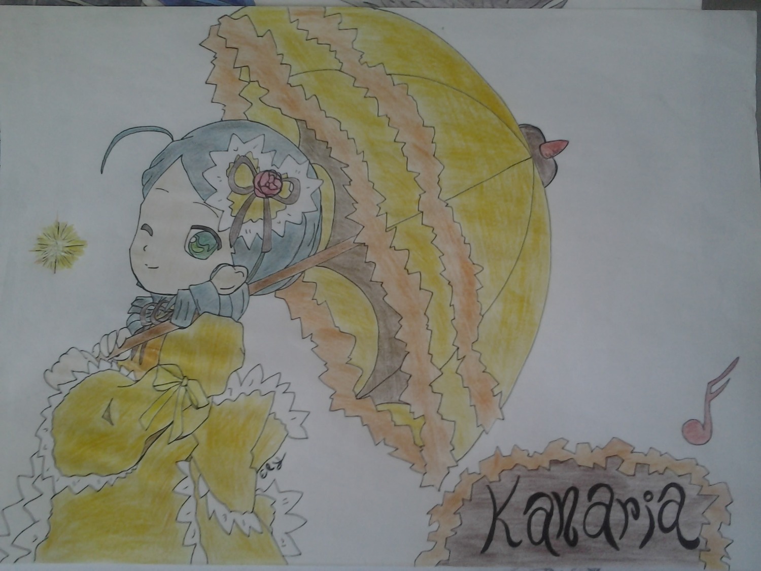1girl closed_mouth drill_hair eighth_note flower frills green_eyes hair_ornament holding_umbrella image kanaria long_sleeves musical_note parasol photo smile solo traditional_media twin_drills umbrella watercolor_(medium)