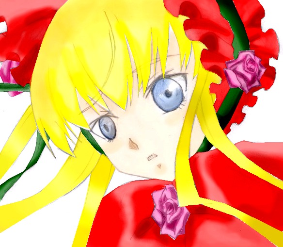 1girl blonde_hair blue_eyes bonnet bow flower image long_hair looking_at_viewer pink_flower pink_rose red_flower red_rose rose shinku sidelocks simple_background solo twintails