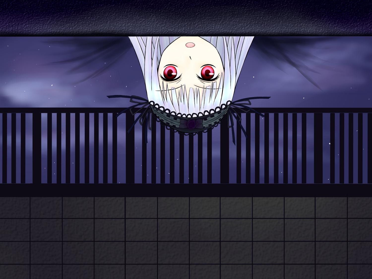 1girl bangs black_ribbon curtains hairband image indoors long_hair looking_at_viewer night open_mouth red_eyes silver_hair sky solo star_(sky) suigintou window