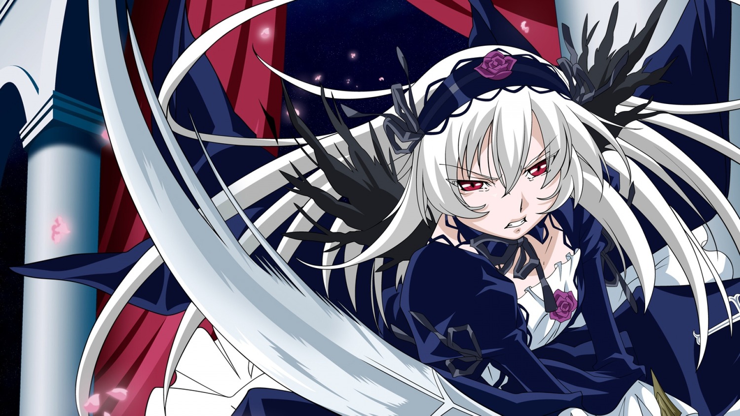 1girl black_wings dress flower frills hairband image juliet_sleeves long_hair long_sleeves looking_at_viewer parted_lips red_eyes rose silver_hair solo suigintou wings