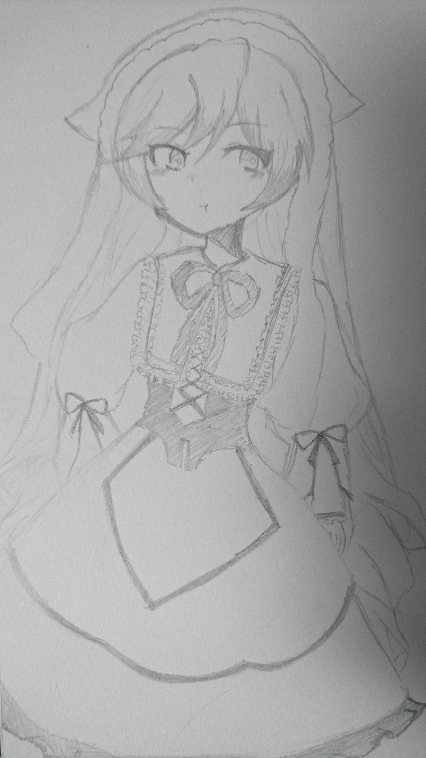 1girl :t animal_ears blush closed_mouth dress eyebrows_visible_through_hair frills greyscale image long_hair looking_at_viewer monochrome pout sketch solo suiseiseki traditional_media very_long_hair