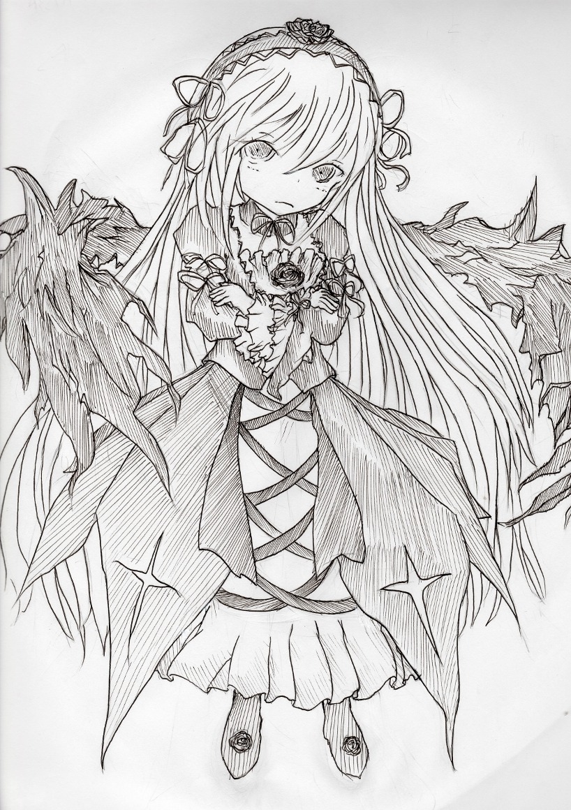 1girl closed_mouth dress flower frills full_body greyscale hairband image long_hair long_sleeves looking_at_viewer monochrome rose solo standing suigintou traditional_media very_long_hair wings