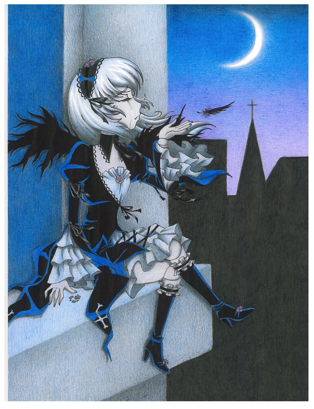 1girl auto_tagged boots dress feathers frilled_sleeves frills hairband high_heel_boots high_heels image long_sleeves moon profile short_hair solo suigintou traditional_media