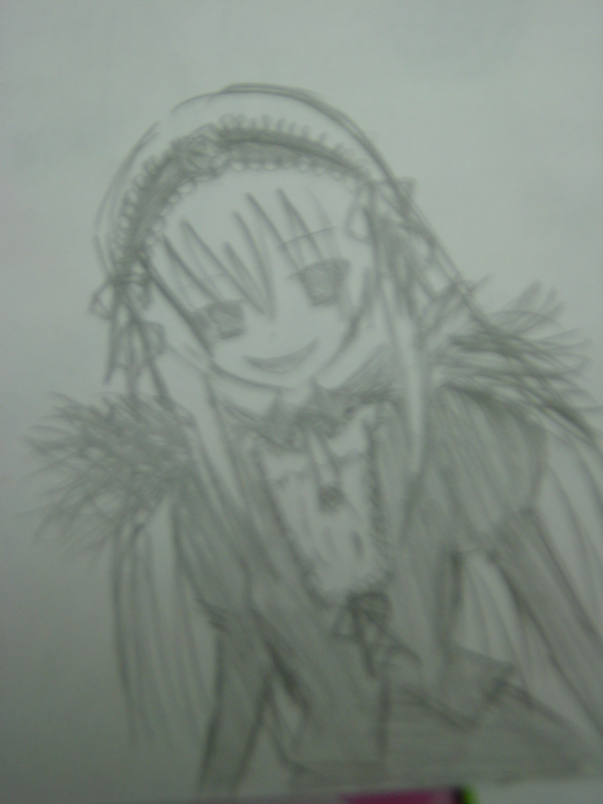1girl akemi_homura blurry grey_background hairband image long_hair looking_at_viewer monochrome simple_background smile solo suigintou